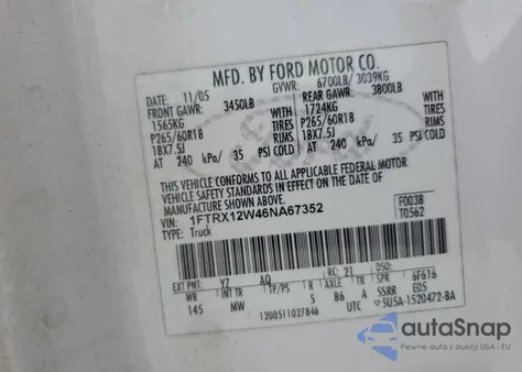 2006 Ford F150 из США, поврежденный, VIN 1FTRX12W46NA67352